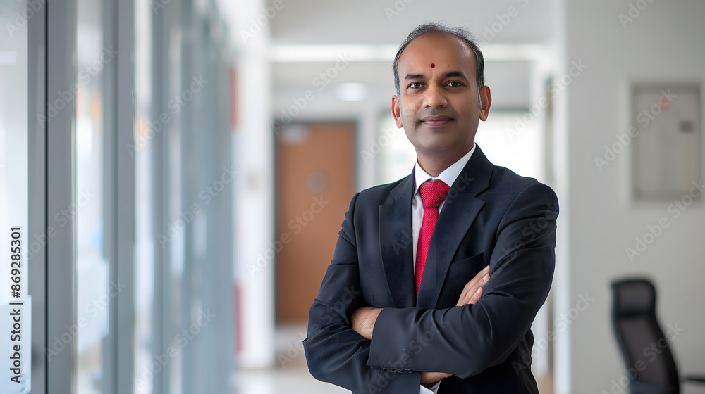 an Indian man in his late thirties, wearing a business suit and red tie with blue stripes, standing at the office entrance facing forward to the camera with his arms crossed, smiling softly
