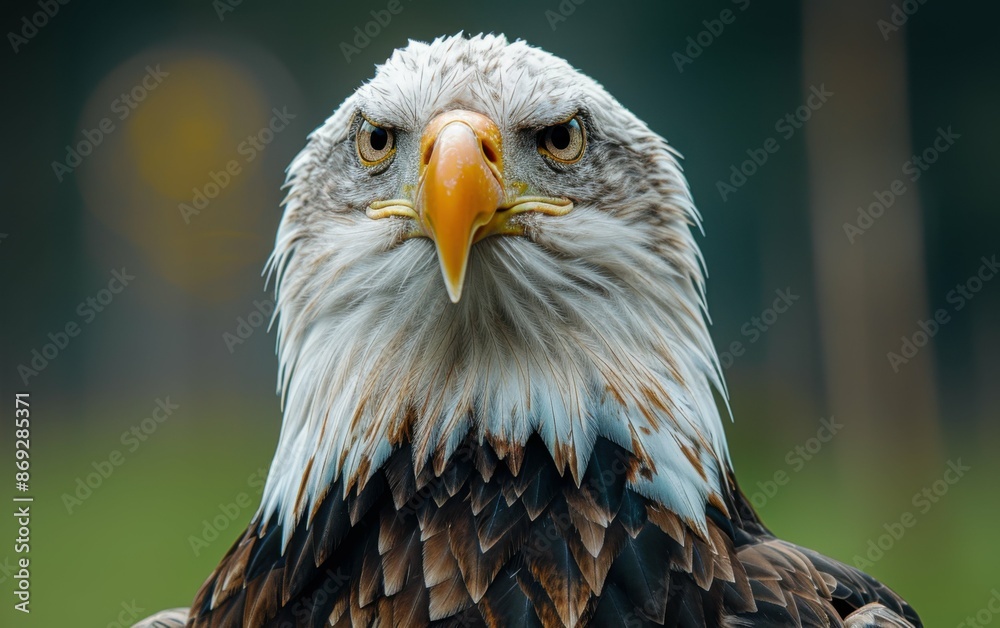 Obraz premium A close-up portrait of a bald eagle with its head held high, staring directly at the camera. The background is a blurred image of the American flag, creating a patriotic backdrop