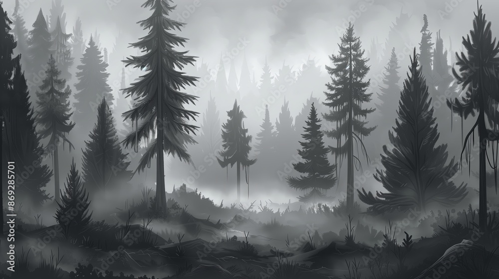Fototapeta premium A misty monochromatic pine forest, illustrated in a vibrant cartoon style, tall trees fading into