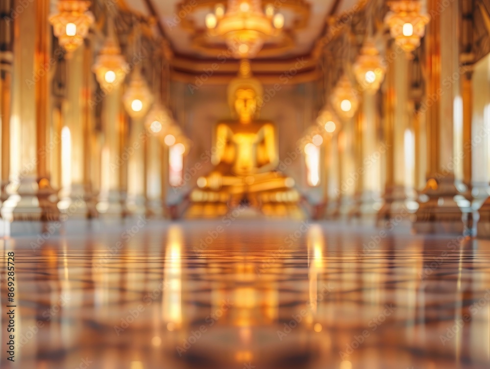 Obraz premium Blurred Buddhist temple interior with no people, classical interior, light colors, background, wallpaper 