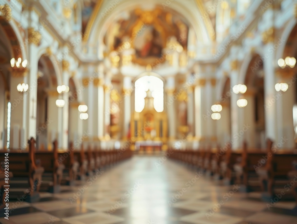 Fototapeta premium Blurred Catholic church interior with no people, classical interior, light colors, background, wallpaper