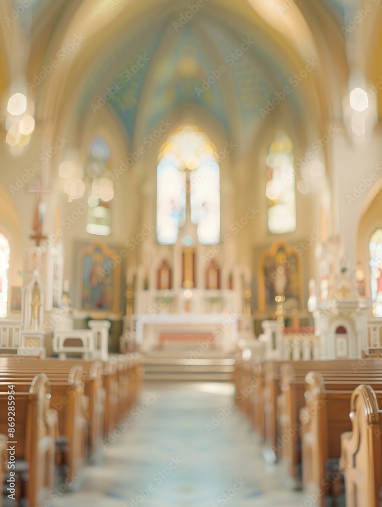 Fototapeta premium Blurred Catholic church interior with no people, classical interior, light colors, background, wallpaper 