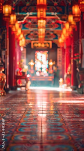 Blurred Chinese temple interior with no people, classical interior, light colors, background, wallpaper  © shooreeq
