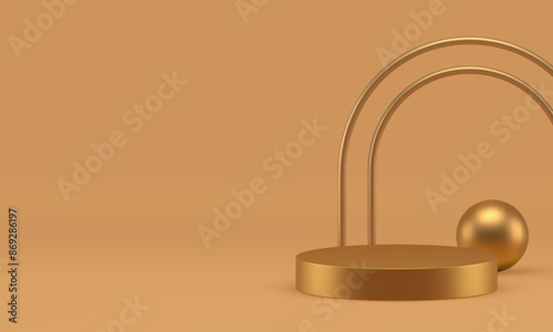 Golden 3d podium pedestal beige geometric shapes showroom realistic vector illustration