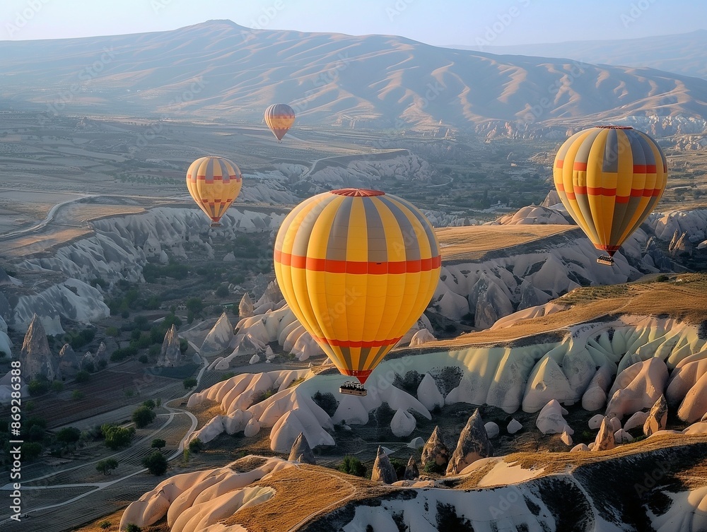 Obraz premium Hot air balloons majestically rising above the scenic vistas of Cappadocia highlighting its natural beauty and unique geological features. full ultra hd high resolution stunning 