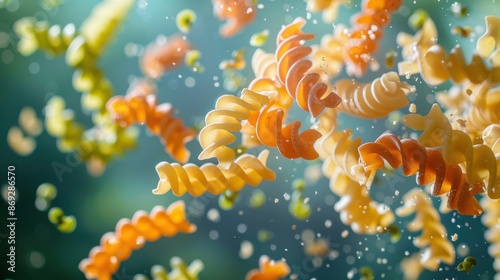 A bunch of pasta with yellow and orange strands are flying through the air