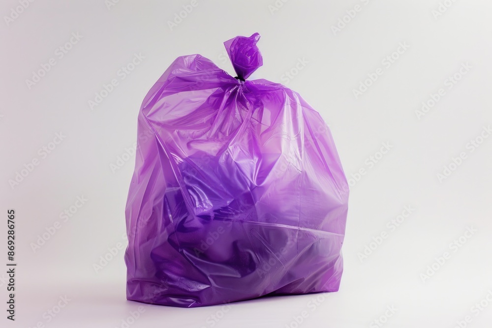 A purple plastic bag with a decorative purple bow on top, ready for use A purple plastic bag with a decorative purple bow on top, ready for use
