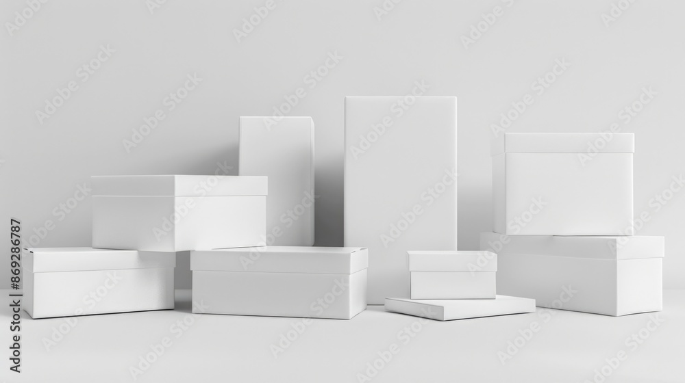 A collection of identical white boxes arranged together, suitable for use in presentations or product displays A collection of identical white boxes arranged together, suitable for use in presentations or product displays