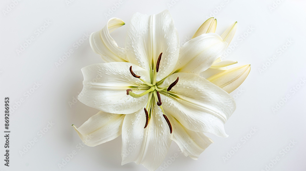 A top-down view of a white lily, with its petals spread open against a white background A top-down view of a white lily, with its petals spread open against a white background