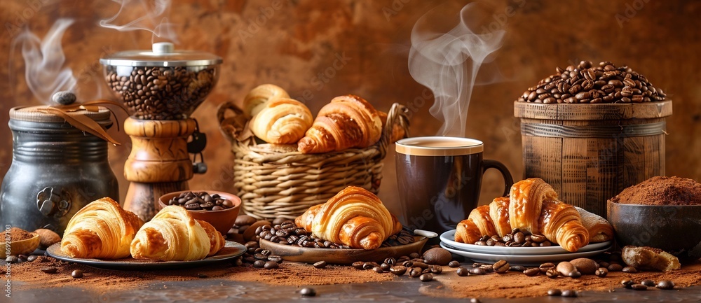 Rustic Breakfast with Coffee, Croissants, and Beans Rustic Breakfast with Coffee, Croissants, and Beans