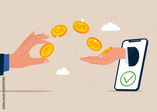 Businessman send recipient receive money via an online connection. Flat vector illustration