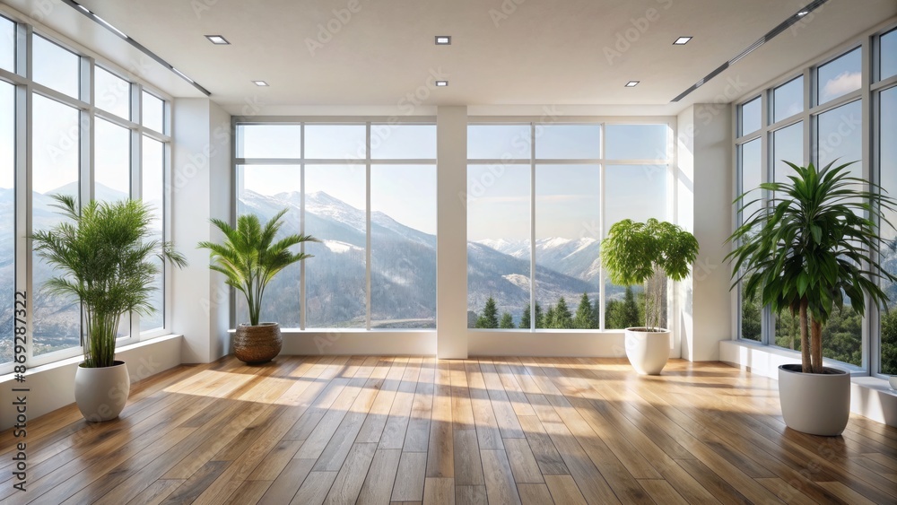 Sleek minimalist space features sparse wooden floor adorned with potted plants, expansive window overlooking serene white landscape backdrop. Sleek minimalist space features sparse wooden floor adorned with potted plants, expansive window overlooking serene white landscape backdrop.