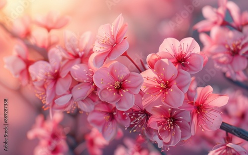 Close-up photo of blooming pink Japanese cherry blossoms during spring, showcasing delicate beauty and creating a sense of tranquility and renewal © imagineRbc