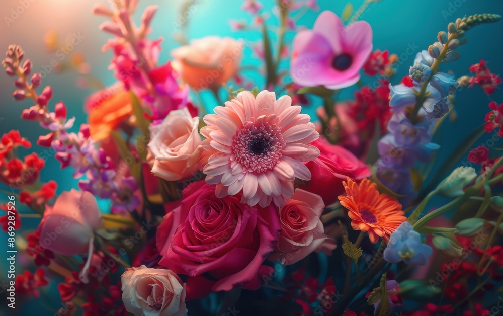 A vibrant bouquet of flowers in various colors, including pink, red, orange, and purple, on a blue background, perfect for celebrating International Womens Day A vibrant bouquet of flowers in various colors, including pink, red, orange, and purple, on a blue background, perfect for celebrating International Womens Day