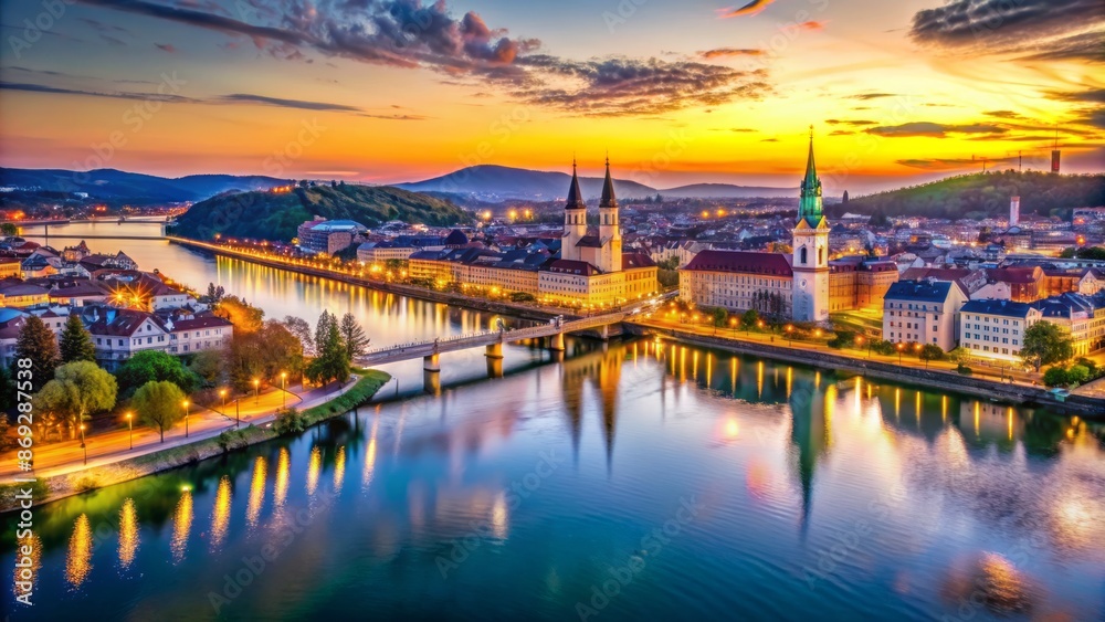 Fototapeta premium Vibrant aerial cityscape of Linz Austria during spring sunset with Danube river reflections of city lights in serene atmosphere.