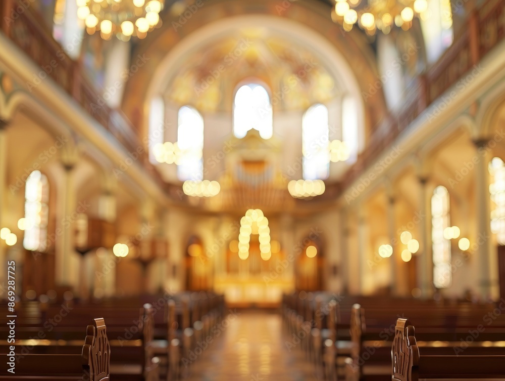 Fototapeta premium Blurred synagogue interior with no people, classical interior, light colors, background, wallpaper