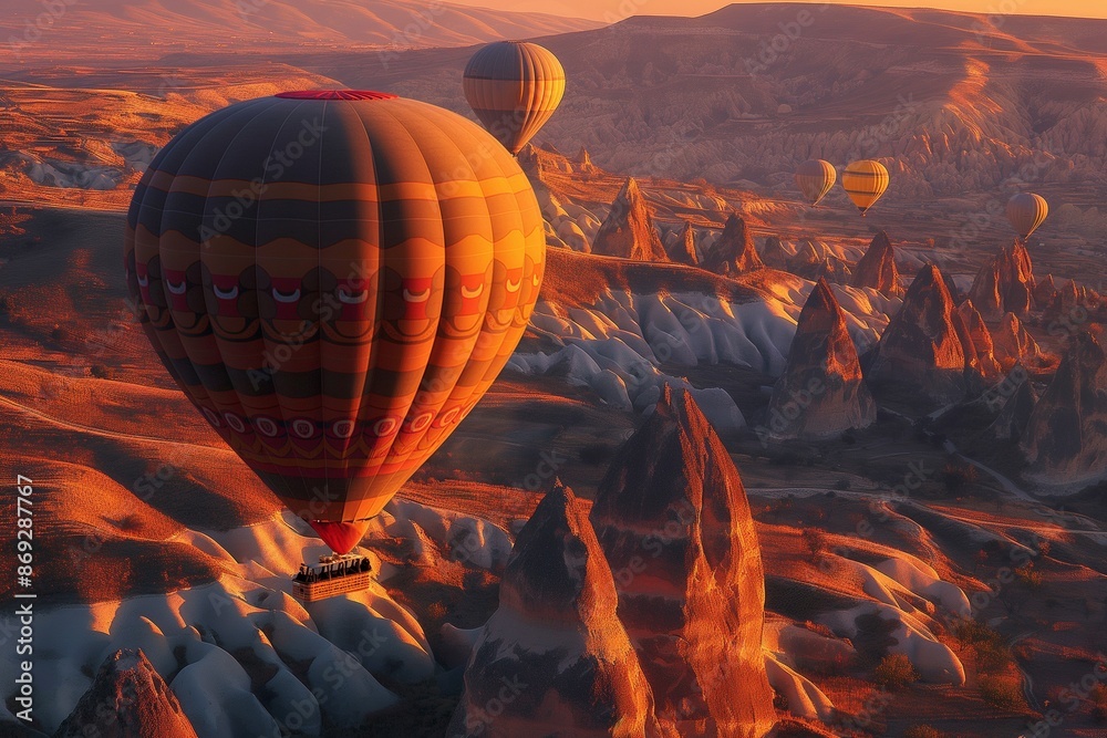 Obraz premium Hot air balloons soaring over the unique rock formations and valleys of Cappadocia Turkey illuminated by the golden sunrise. full ultra hd high resolution stunning crisp vivid detailed high-contrast