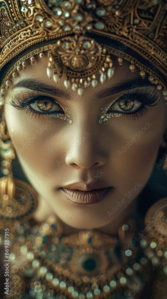 Charming ancient queen, beautiful face, big eyes, on the background of ancient temple of gods worship, solemn atmosphere, blurred background Charming ancient queen, beautiful face, big eyes, on the background of ancient temple of gods worship, solemn atmosphere, blurred background