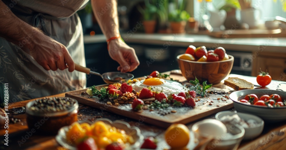 Making delicious breakfast meal with sunny side up eggs and fruit with herbs. Making delicious breakfast meal with sunny side up eggs and fruit with herbs.