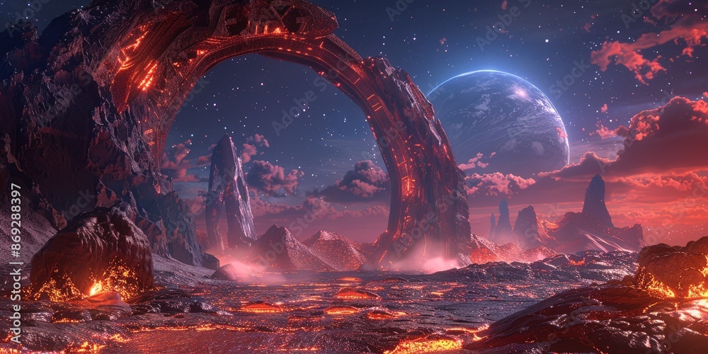 Alien landscape with lava and colossal arch under starry sky and planet ...