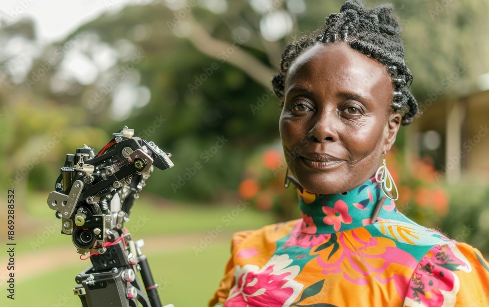 Fototapeta premium A candid portrait of a black woman with a prosthetic arm, standing confidently outdoors in a garden setting
