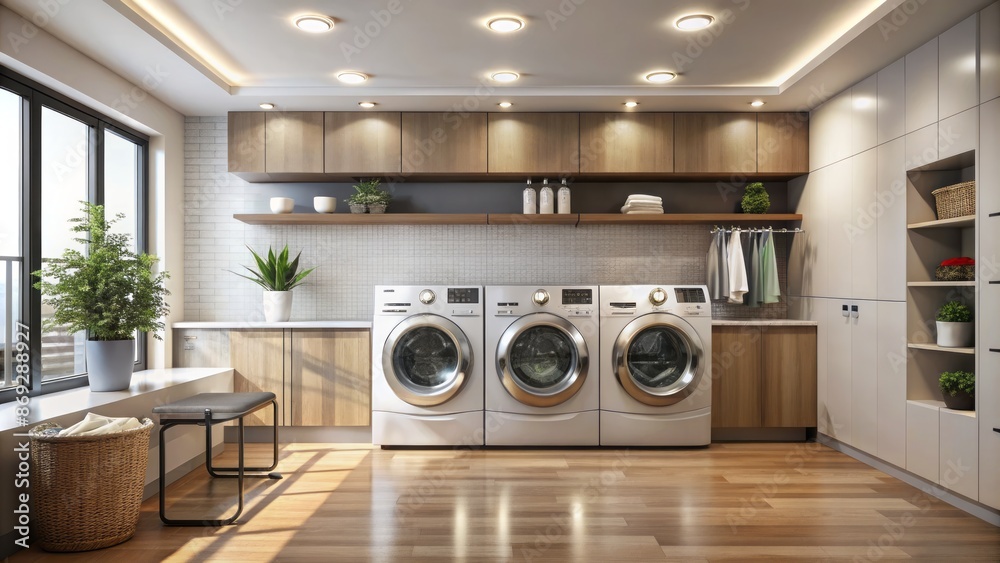 Modern laundry room interior with sleek washing machines and ample copy space for advertising, against a clean and organized background. Modern laundry room interior with sleek washing machines and ample copy space for advertising, against a clean and organized background.