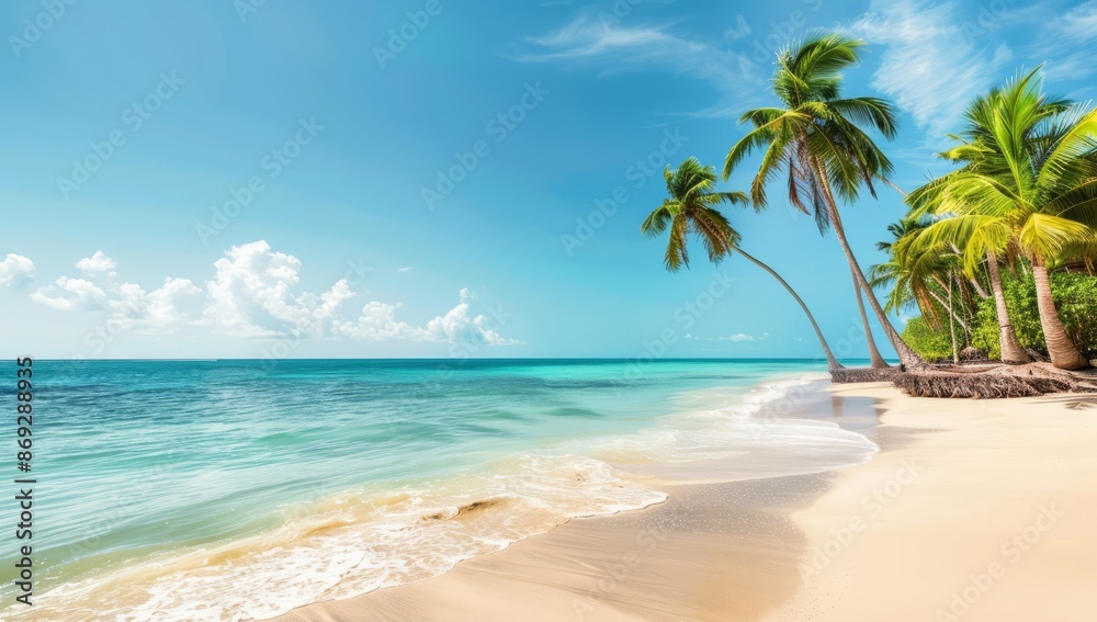 A beautiful sandy beach with palm trees in the Caribbean A beautiful sandy beach with palm trees in the Caribbean