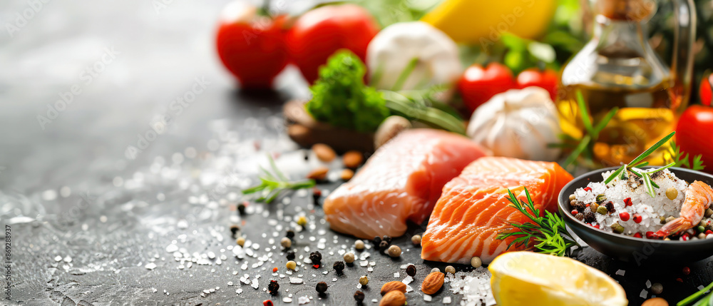 Food background on black stone table with fresh vegetables, herbs and spices. Ingredients for cooking with copy space.Generative AI Food background on black stone table with fresh vegetables, herbs and spices. Ingredients for cooking with copy space.Generative AI