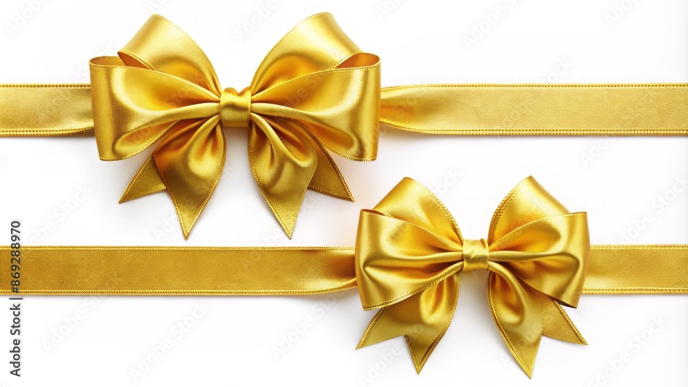 Luxurious set of ornate golden bows adorned with horizontal yellow ribbon on a pristine white background, evoking opulence and elegance. Luxurious set of ornate golden bows adorned with horizontal yellow ribbon on a pristine white background, evoking opulence and elegance.