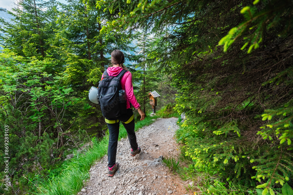 Obraz premium Hiker with Backpack Walking Along a Hiking Path