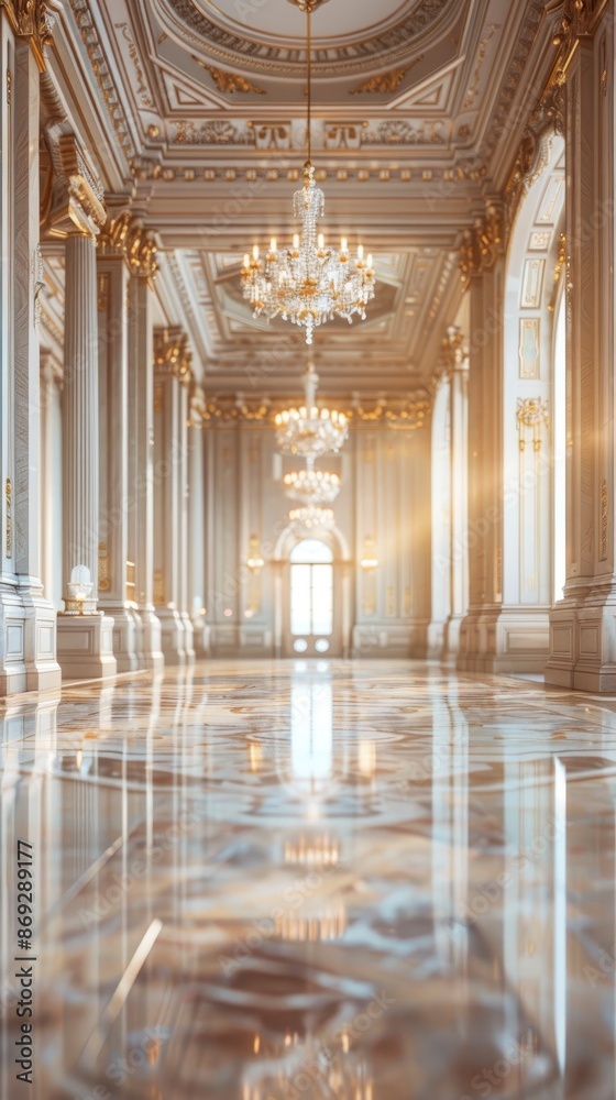 Fototapeta premium Modern luxurious palace interior with no people, lightly blurred, advertising, background, wallpaper, space for text