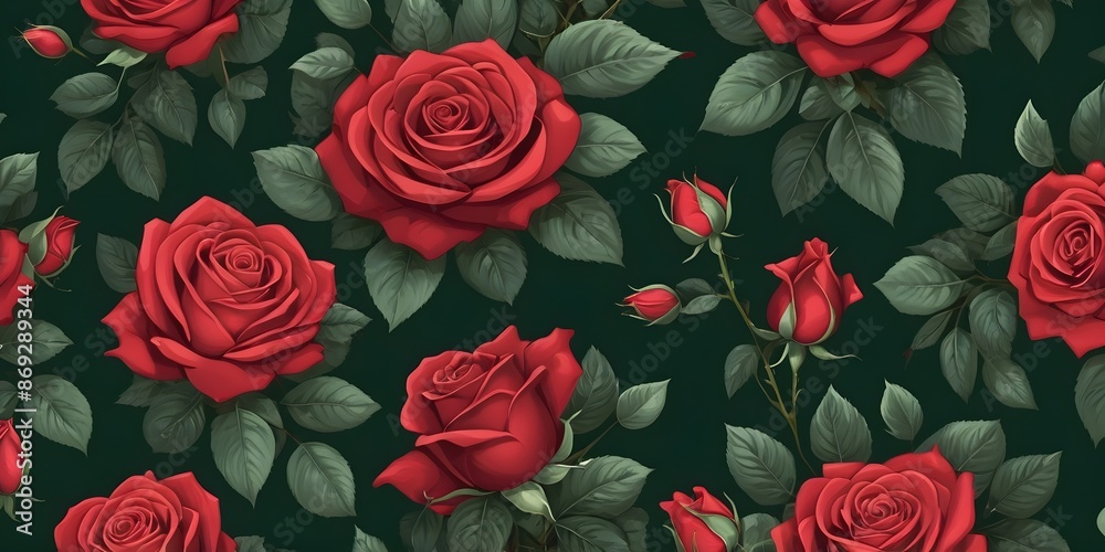 Red Roses Pattern on Dark Green Background