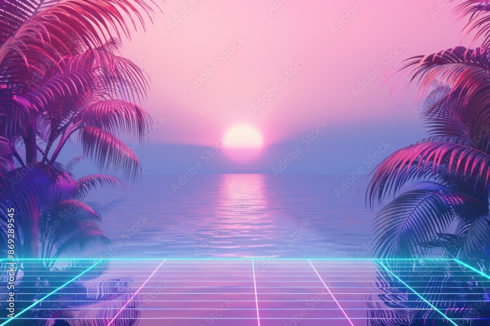 Naklejka premium Retrowave tropical beach landscape summer outdoors scenery.