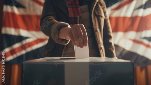 UK voter with ballot paper in hand and United Kingdom flag