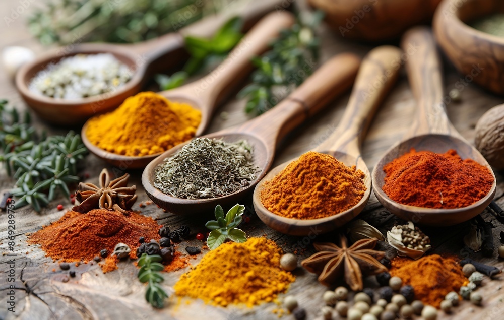 Spices and Herbs in Wooden Spoons on Rustic Background Spices and Herbs in Wooden Spoons on Rustic Background