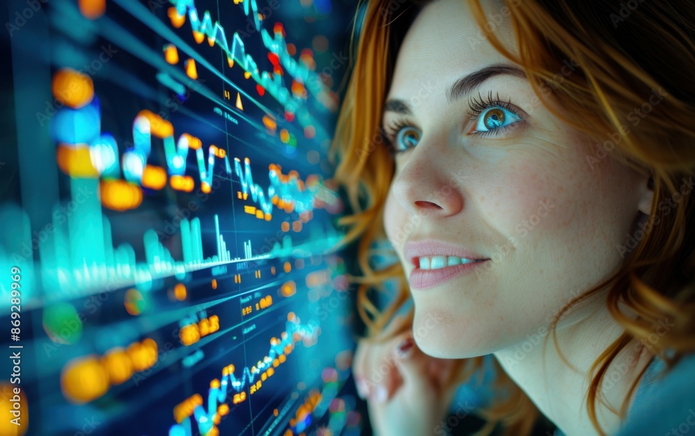 A young businesswoman is intently studying a screen filled with financial data, likely analyzing the stock market