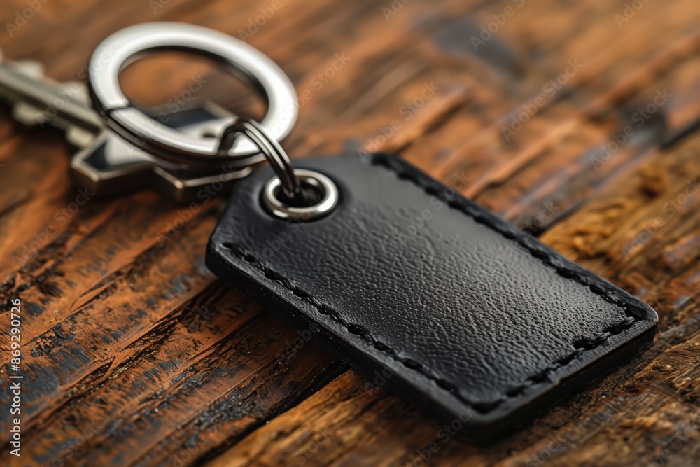 Close Up of a Black Leather Keychain on a Rustic Wooden Surface Close Up of a Black Leather Keychain on a Rustic Wooden Surface