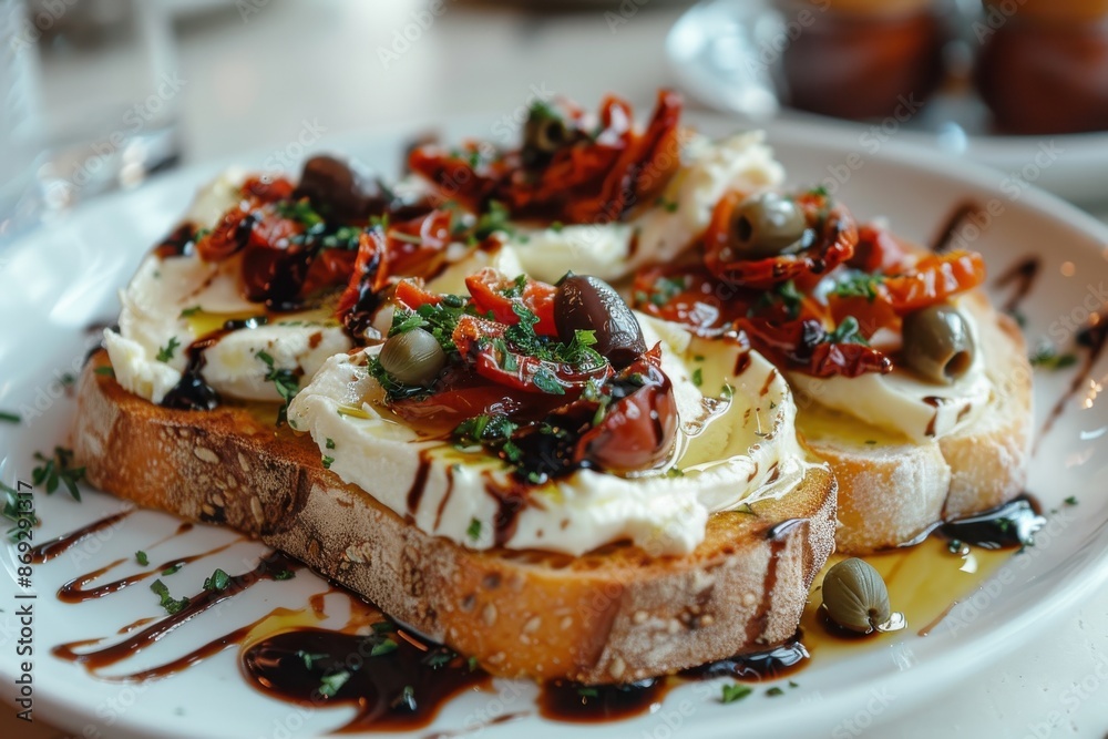 Three slices of bread with a white cheese and olive oil spread on top Three slices of bread with a white cheese and olive oil spread on top