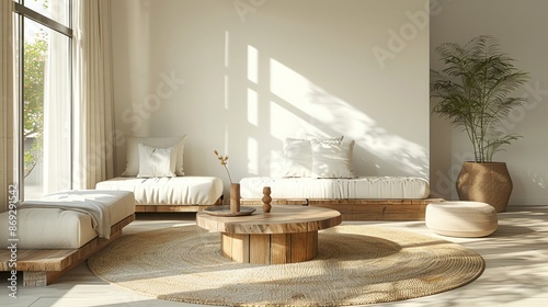 OrganicThemed Living Room Design a living room with organic materials, such as wood and cotton, and ample empty space for text photo