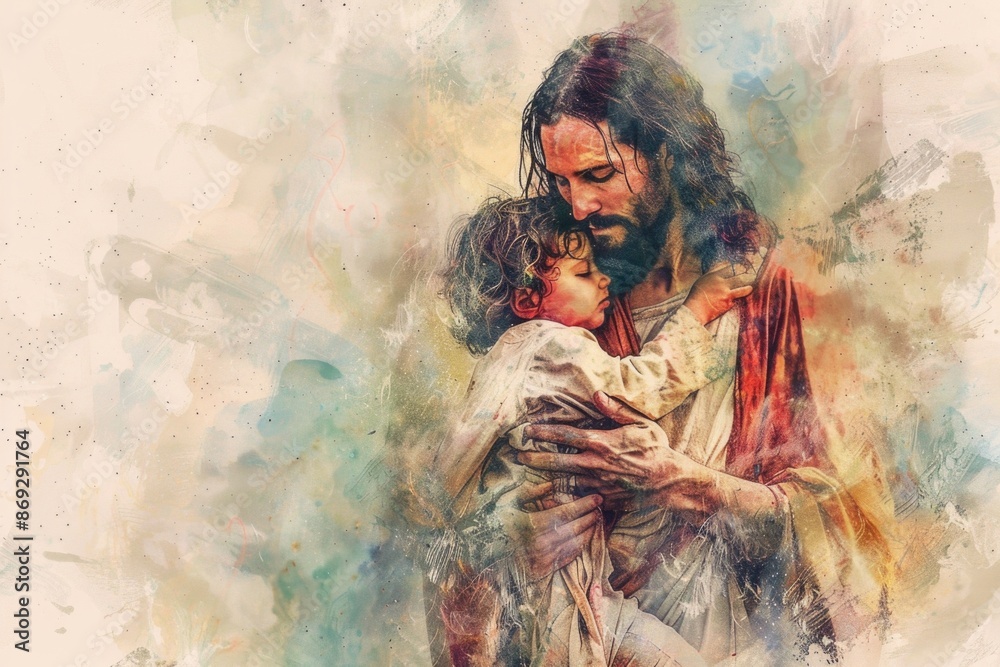 A painting of a man holding a child, perfect for family-related themes