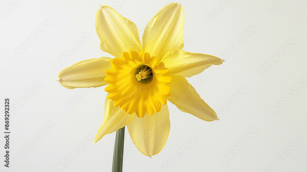 Obraz premium A yellow daffodil, viewed from an angle that shows both petals and stem against a white background