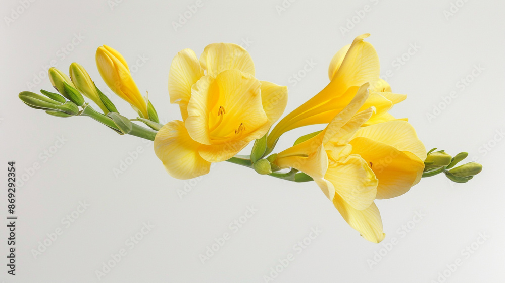 A yellow freesia flower, captured from the side against a white background A yellow freesia flower, captured from the side against a white background