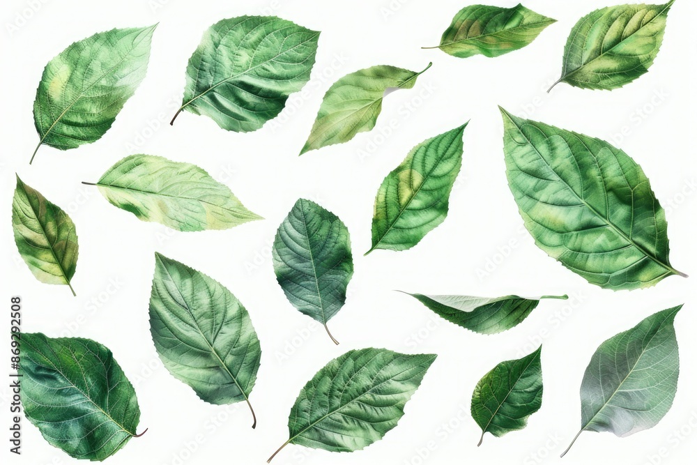 A group of fresh green leaves arranged on a clean white surface, suitable for use in still life photography or design projects