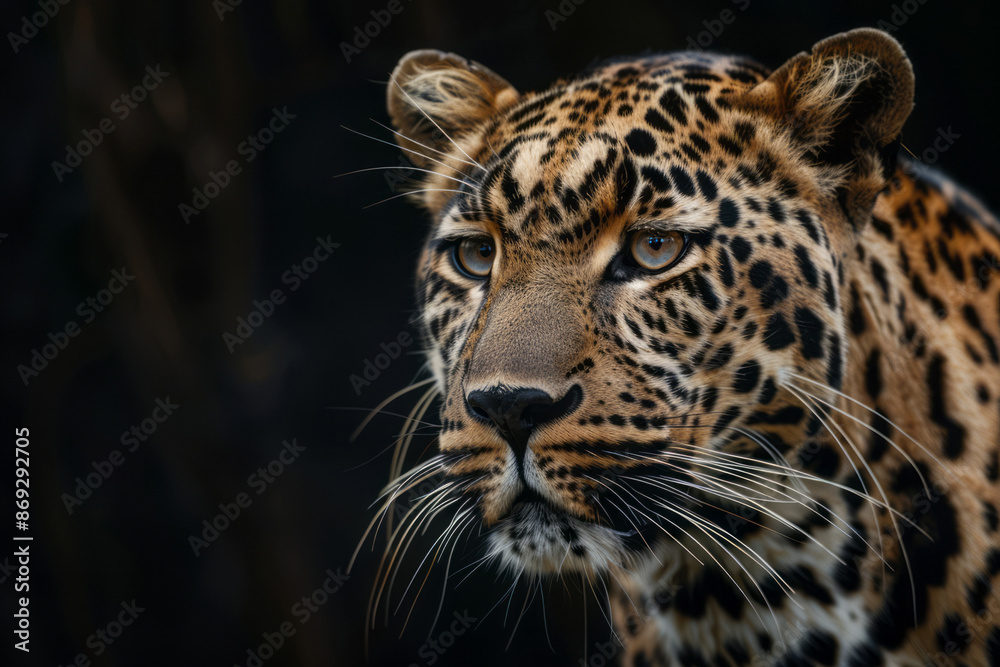 A majestic leopard with piercing eyes, set against the dark background of its fur, exuding an aura of mystery and power. A majestic leopard with piercing eyes, set against the dark background of its fur, exuding an aura of mystery and power.