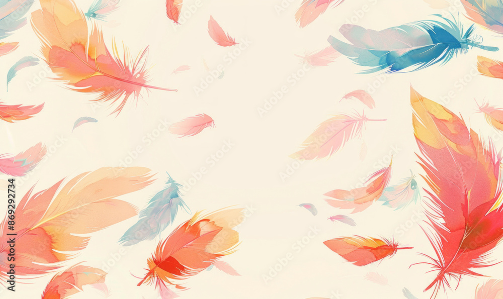 Fototapeta premium Feathers flying in the air against a light background, resembling digital art wallpaper.