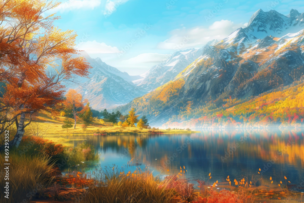 Naklejka premium A beautiful autumn landscape, featuring mountains and a lake, with a panoramic view of the scene in golden fall on a sunny day.
