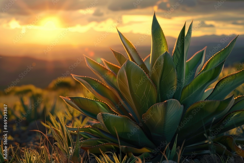 A plant stands tall in a sunny field as the sun sets in the background A plant stands tall in a sunny field as the sun sets in the background