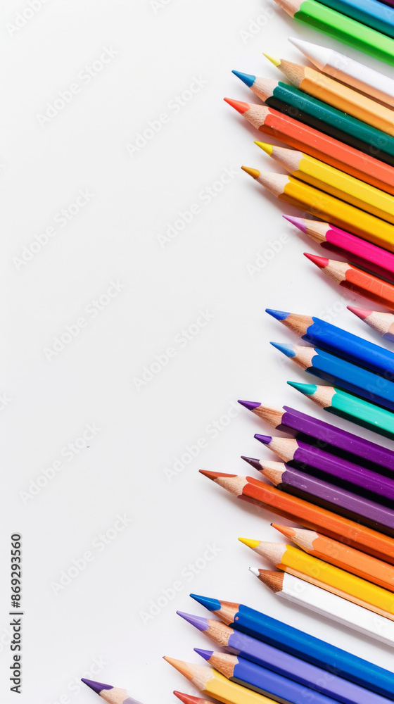 Aesthetic white background with colorful pencils. Copy space. Education projects template. Generative AI Aesthetic white background with colorful pencils. Copy space. Education projects template. Generative AI