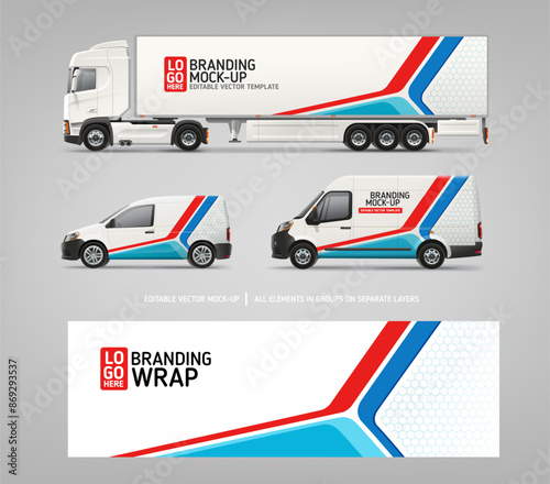 Vector Van, Truck, Delivery Car mockup with graphics design for branding and corporate identity. Abstract graphics of blue and red stripes for business banner background and vehicle advertising