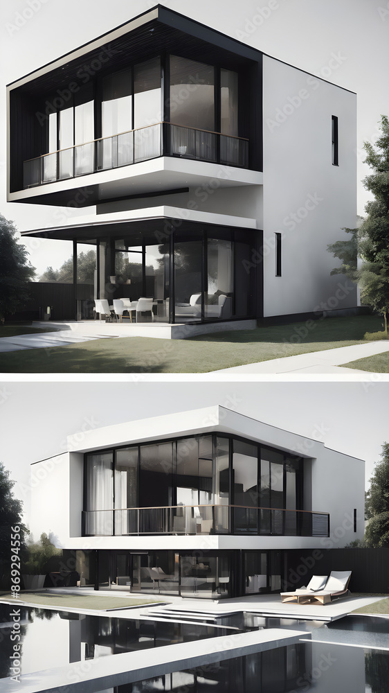 Detailed black and white architectural blueprint with a 3d model of a house design Detailed black and white architectural blueprint with a 3d model of a house design